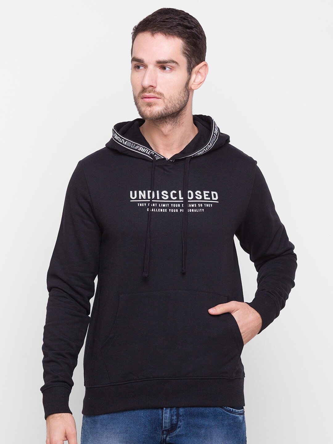 

Globus Men Black Printed Hooded Sweatshirt