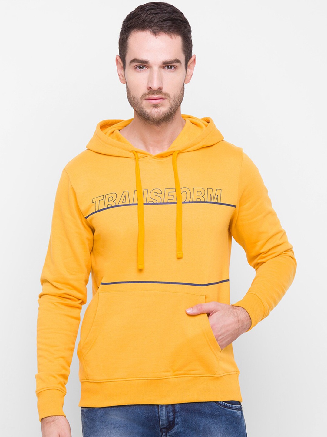 

Globus Men Mustard Yellow Printed Hooded Sweatshirt