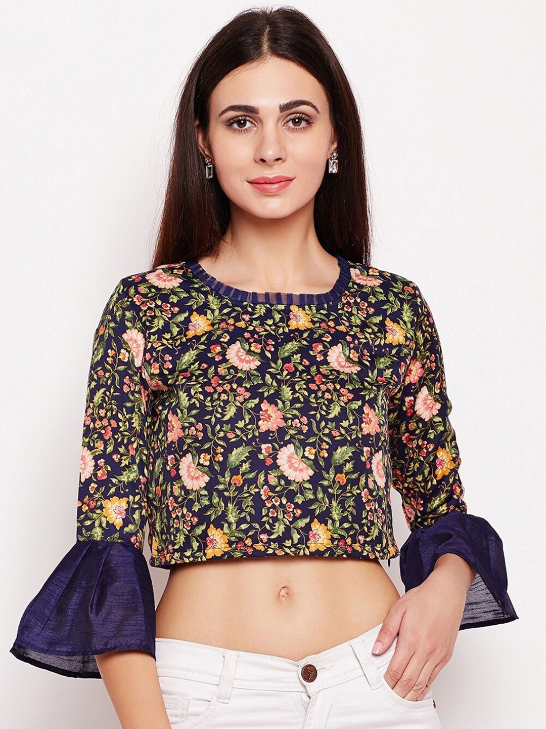 

Be Indi Navy Blue & Green Floral Print Crop Top