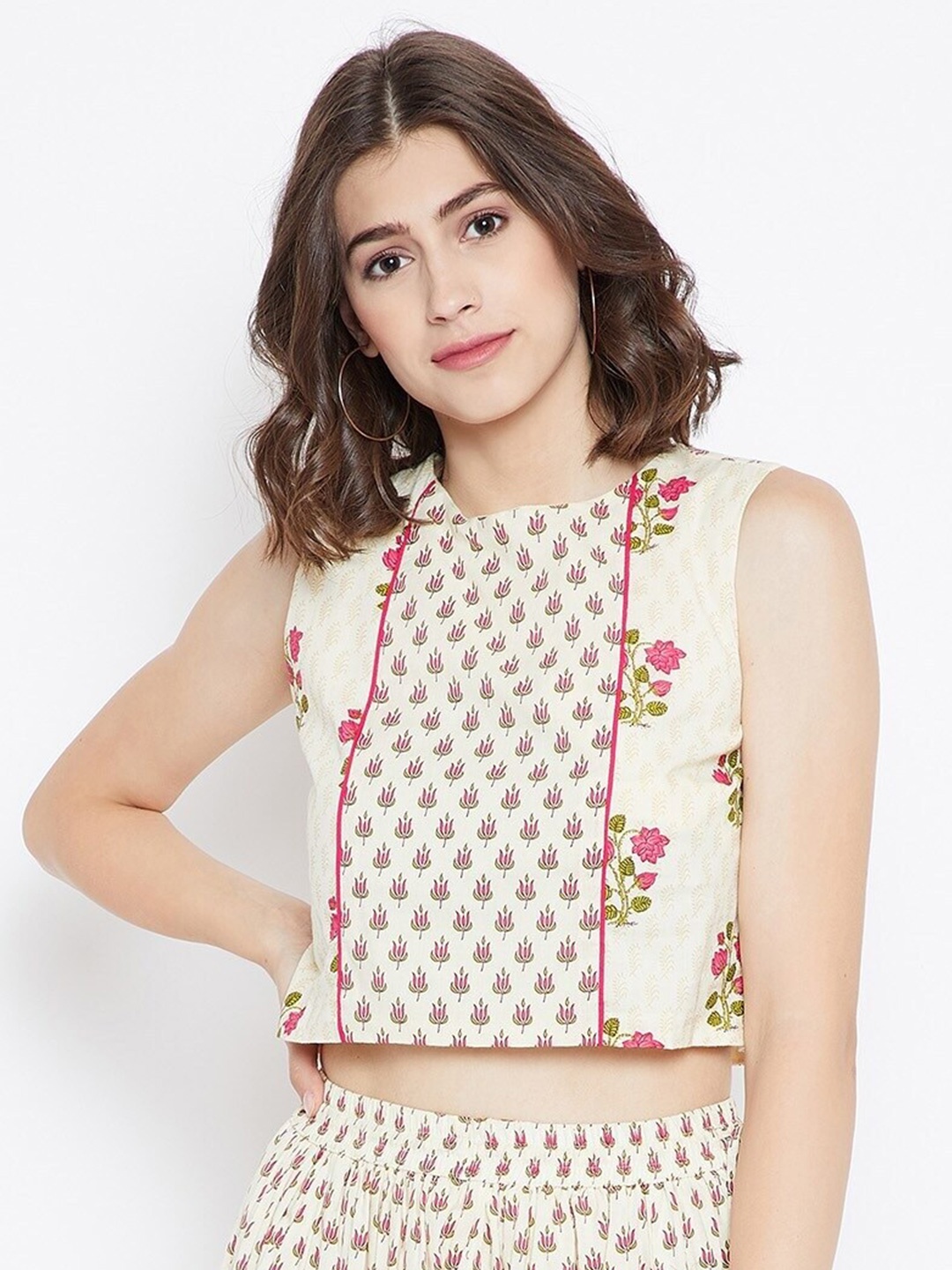 

Be Indi Cream-Coloured & Pink Print Crop Top