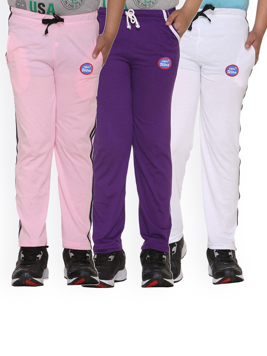 

VIMAL JONNEY Kids Pink, Purple & White Pack Of 3 Solid Cotton Track Pants
