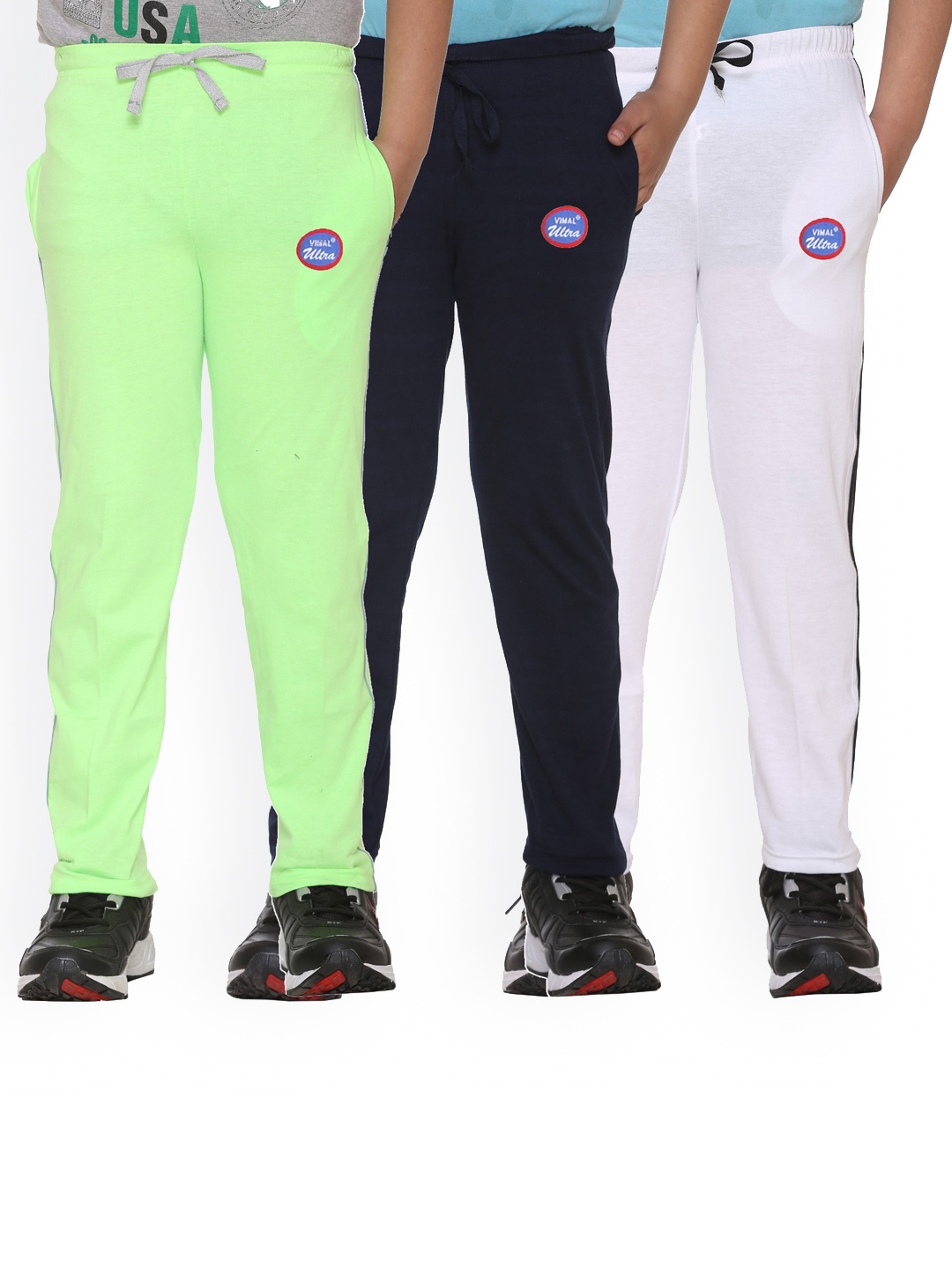 

VIMAL JONNEY Kids Pack Of 3 White & Black Solid Cotton Track Pants