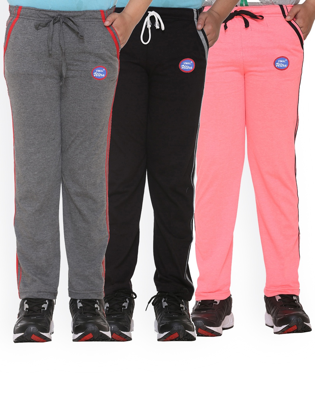 

VIMAL JONNEY Kids Black & Pink Pack Of 3 Solid Cotton Track Pants
