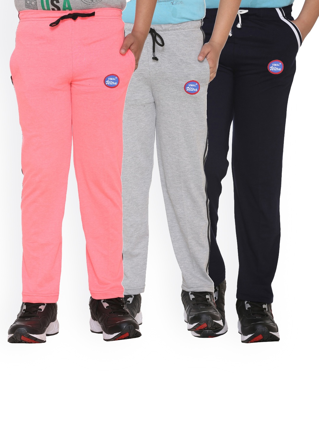 

VIMAL JONNEY Kids Peach-Coloured & Grey Pack of 3 Solid Cotton Track Pants