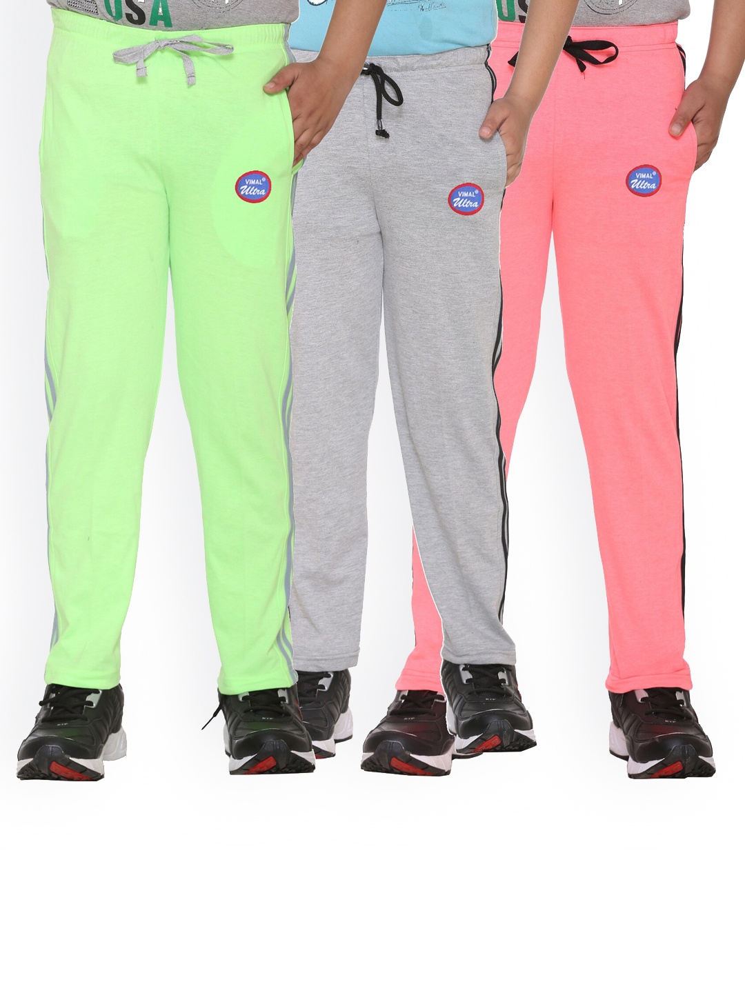 

VIMAL JONNEY Kids Pack Of 3 Solid Cotton Track Pants, Green