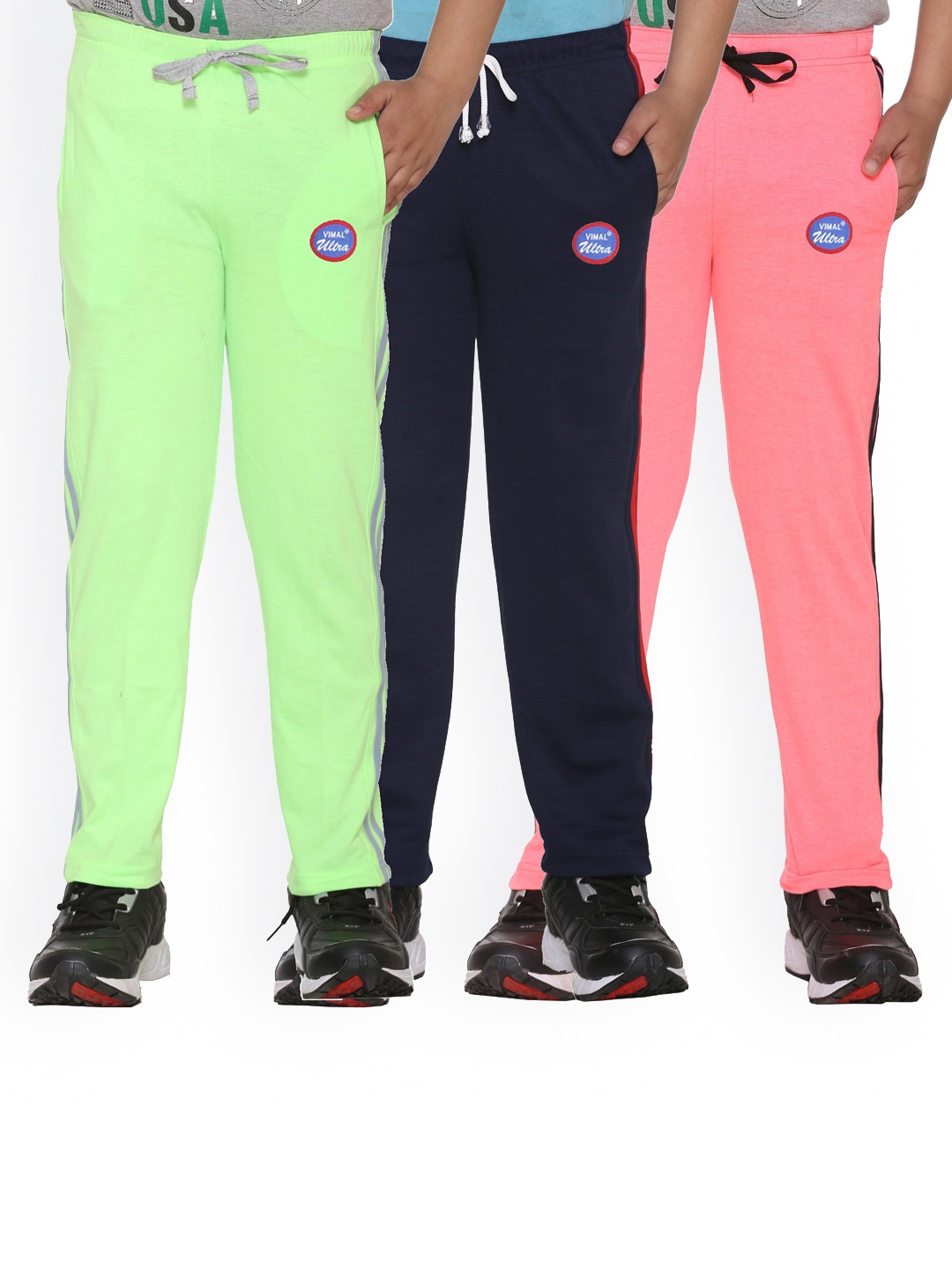 

VIMAL JONNEY Kids Pack Of 3 Pink & Navy Blue Solid Cotton Track Pants