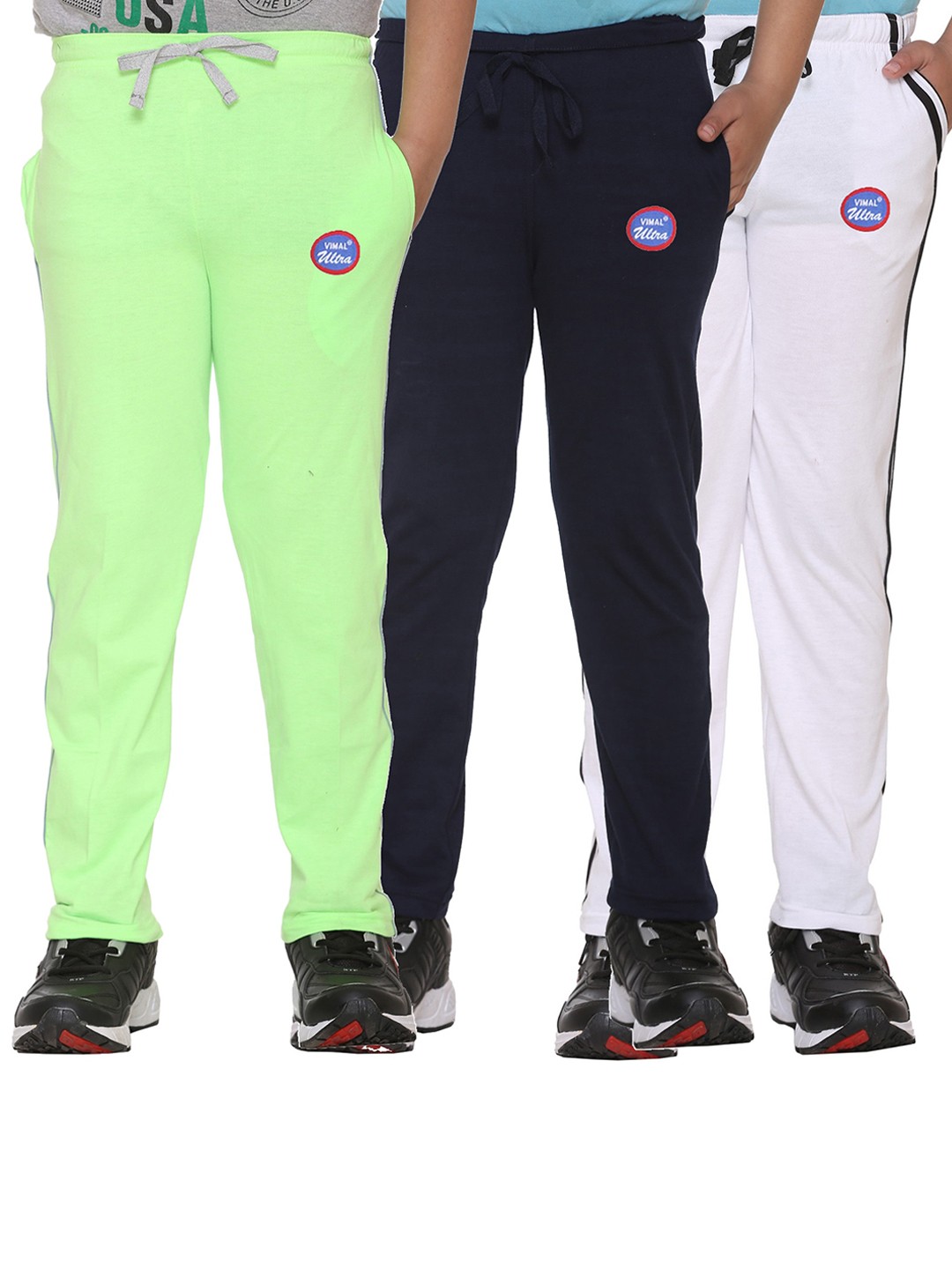 

VIMAL JONNEY Kids Fluorescent Green & Navy Blue Pack Of 3 Solid Cotton Track Pants