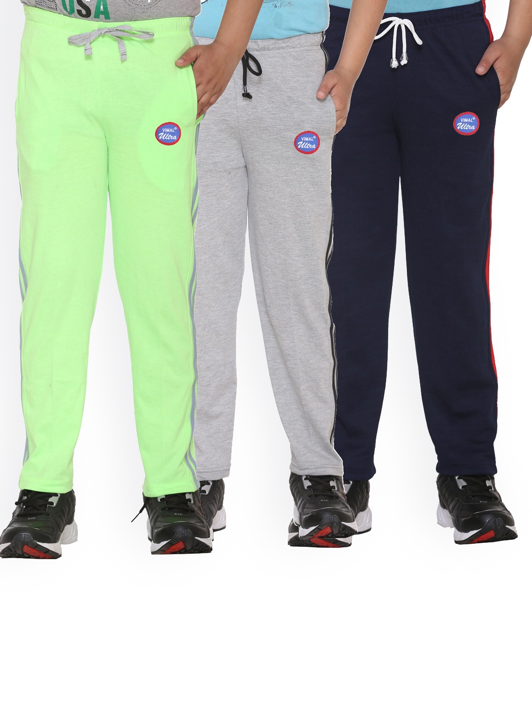 

VIMAL JONNEY Kids Pack Of 3 Solid Cotton Track Pants, Green