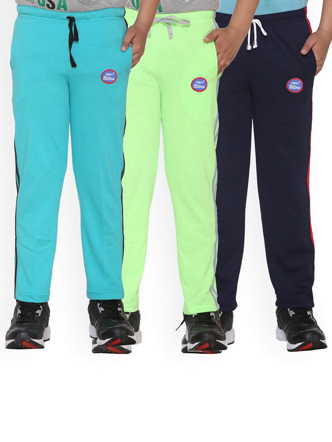 

MACK JONNEY Kids Pack Of 3 Blue & Green Solid Cotton Track Pants