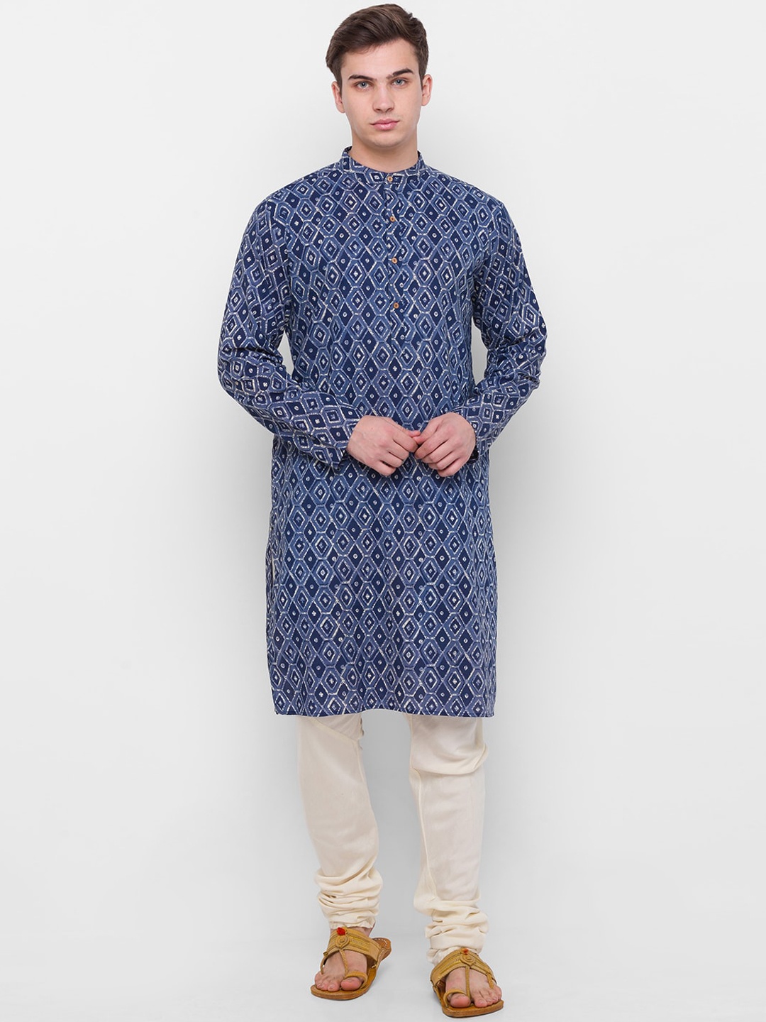 

Globus Men Blue & Grey Geometric Printed Cotton Straight Kurta