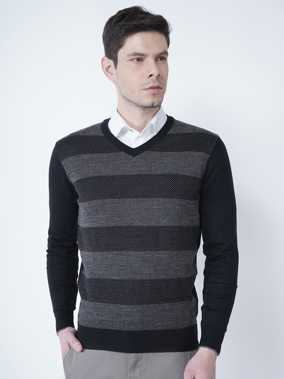 

Blackberrys Men Black & Grey Striped Woollen Pullover