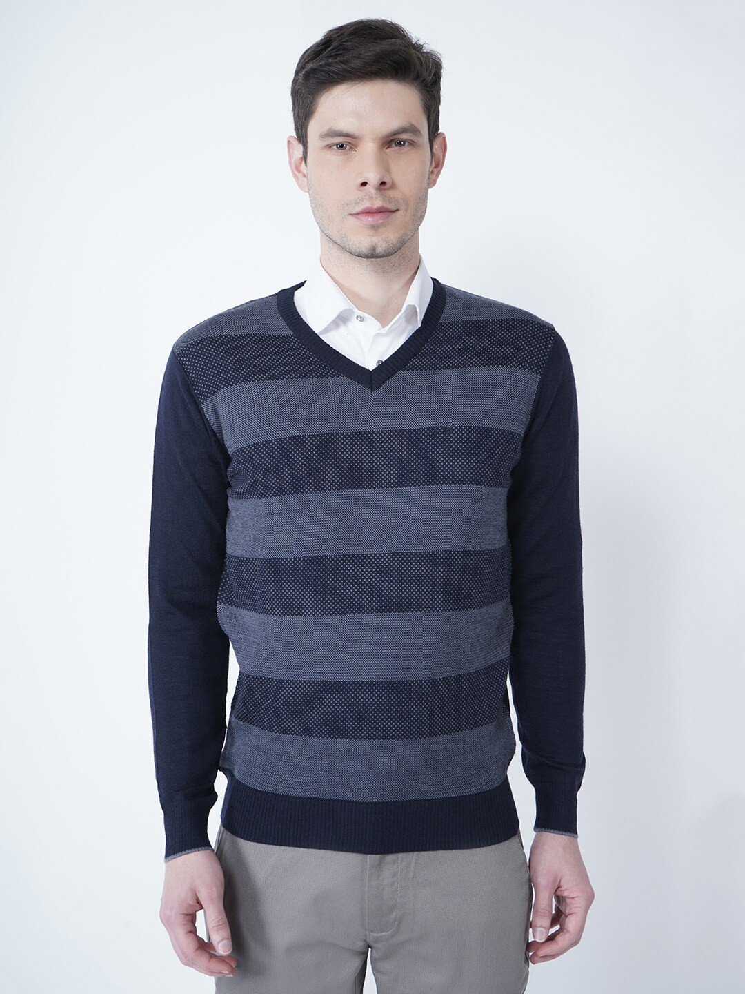 

Blackberrys Men Navy Blue & White Striped Pure Woolen Pullover