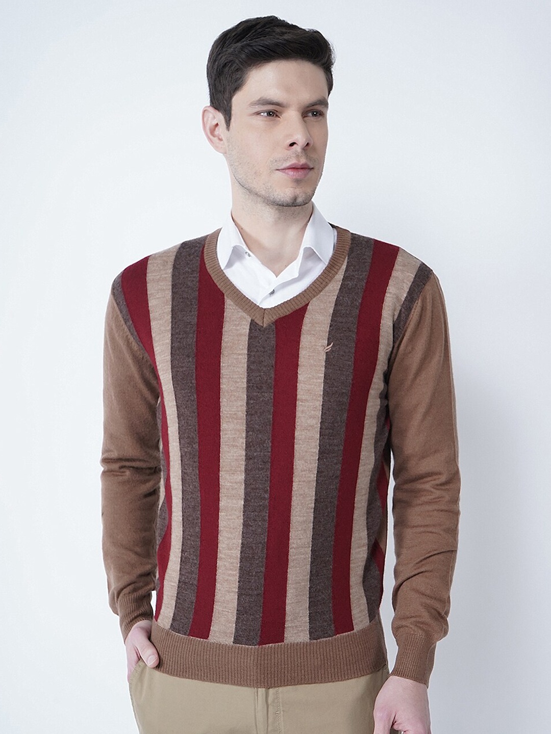 

Blackberrys Men Brown & Grey Striped Woolen Pullover