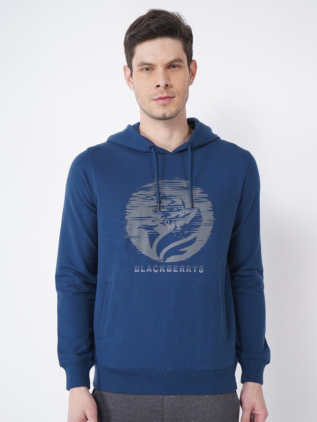 

Blackberrys Men Blue Printed Hooded Sweatshirt