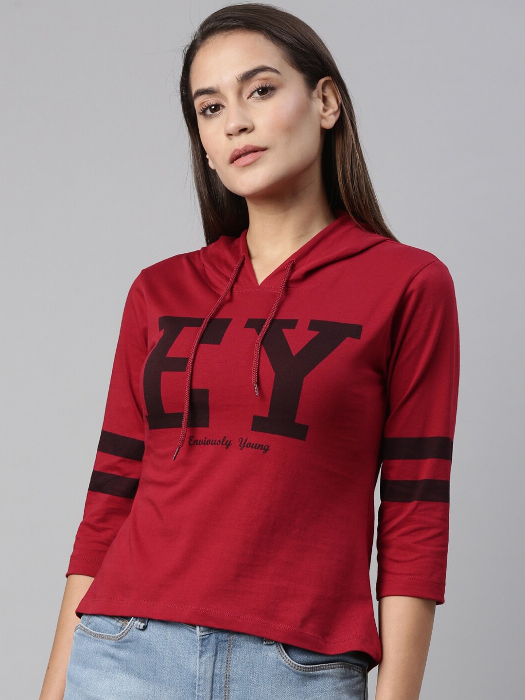 

Enviously Young Women Maroon Typography Pockets T-shirt