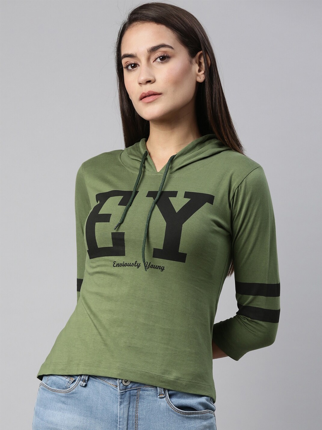 

Enviously Young Women Olive Green & Black Printed Pure Cotton Hooded T-shirt