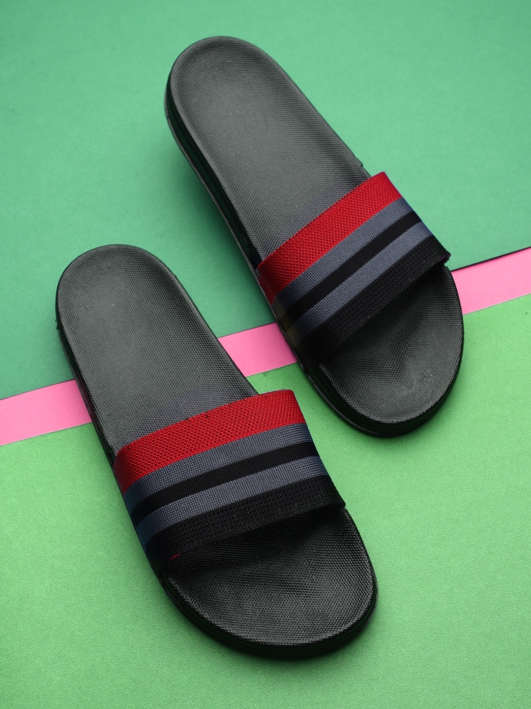 

Pampy Angel Men Black & Blue Striped Rubber Sliders