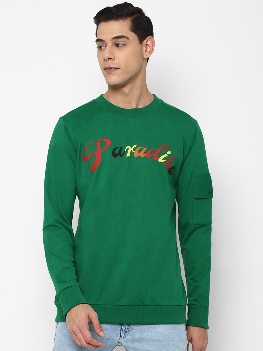 

FOREVER 21 Men Green Printed Round Neck Sweatshirt
