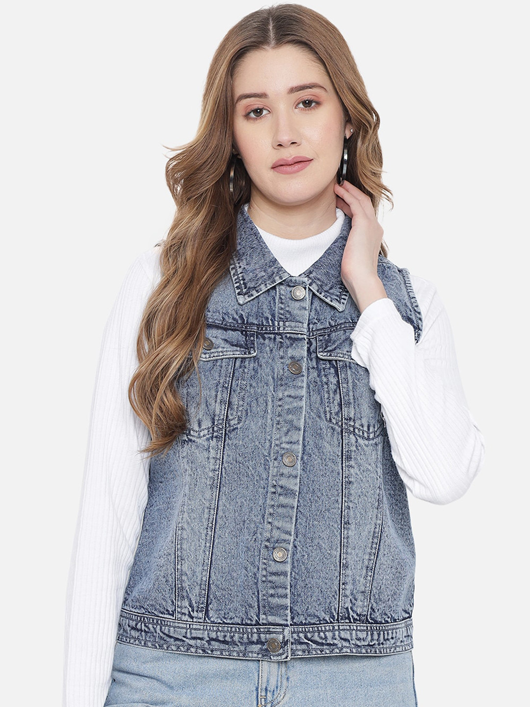 

Orchid Blues Women Blue Sleeveless Denim Jacket