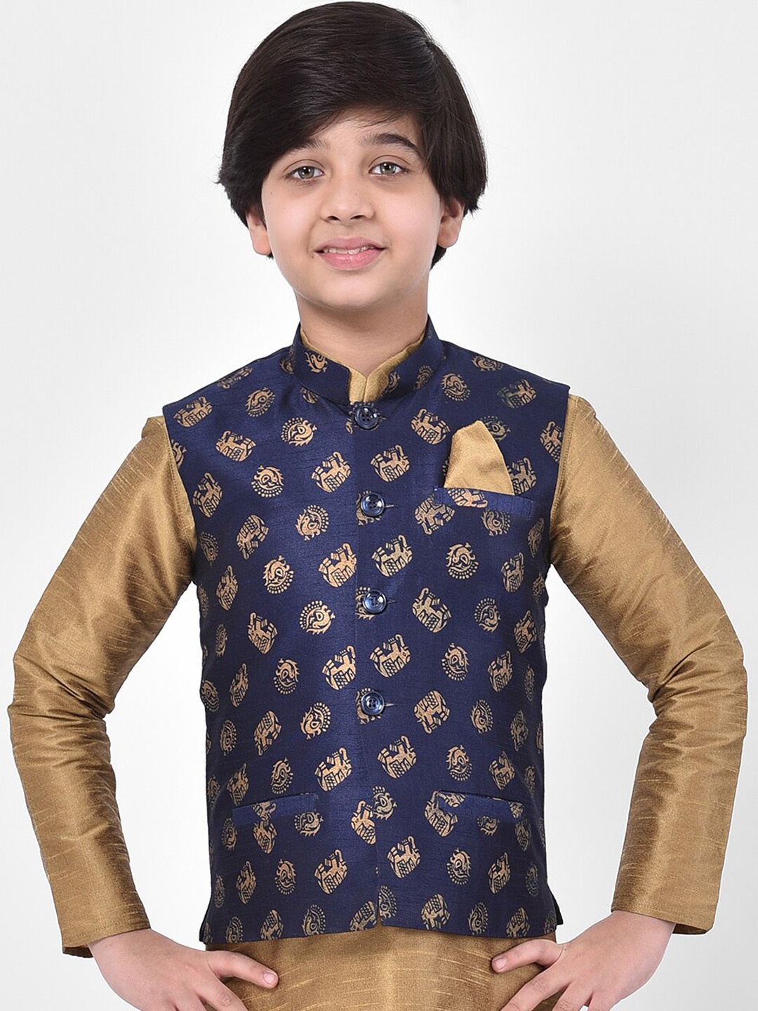 

DEYANN Boys Navy Blue & Gold-Toned Printed Woven Nehru Jacket