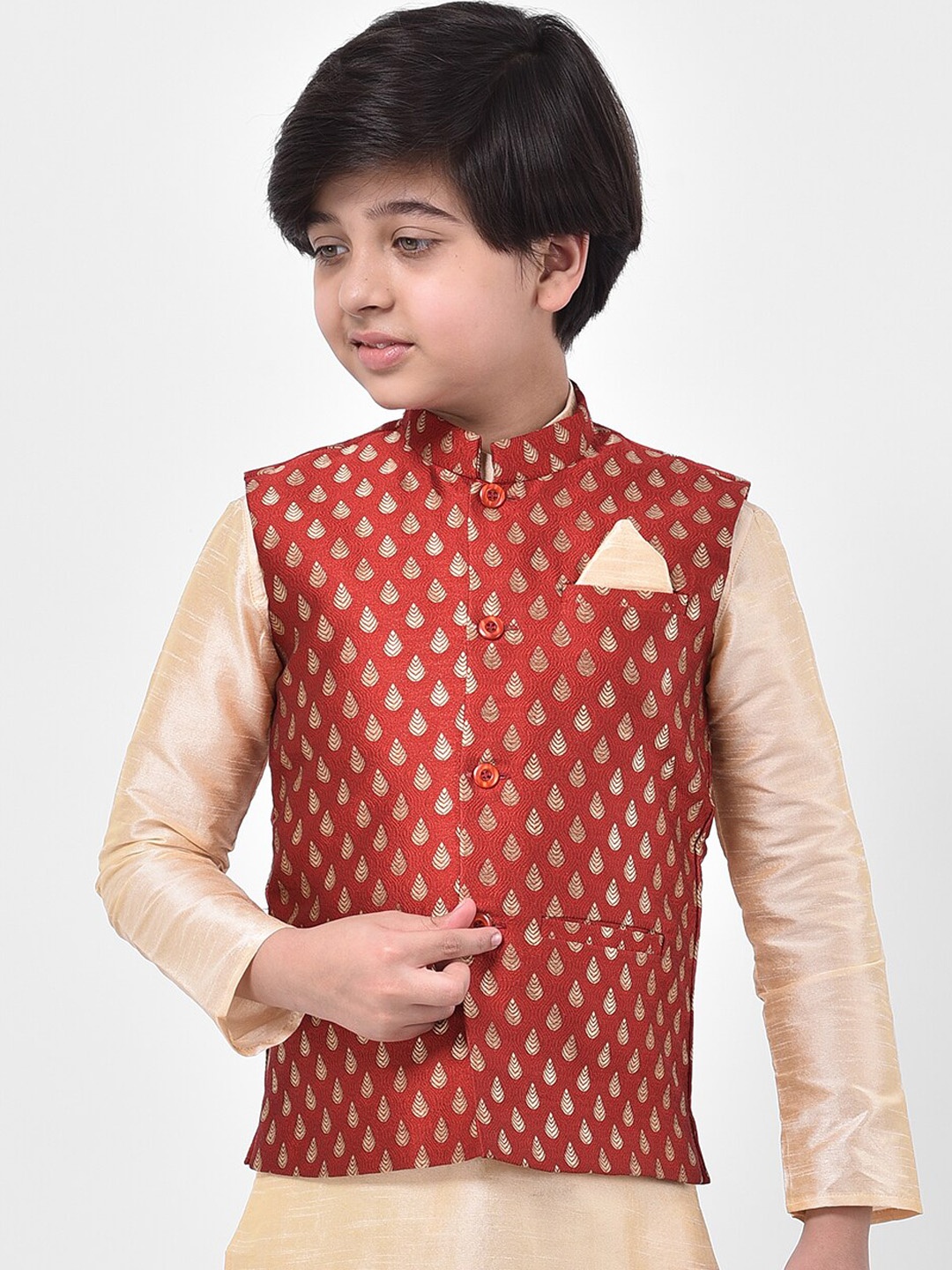 DEYANN Boys Red & Beige Woven Design Woven Nehru Jacket