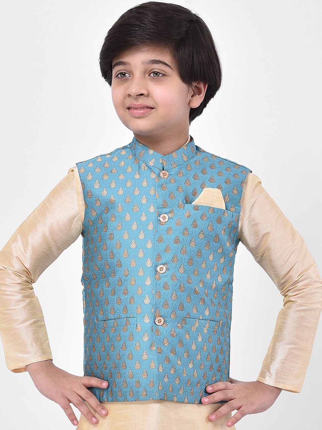 

DEYANN Boys Blue & Beige Woven Design Nehru Jacket