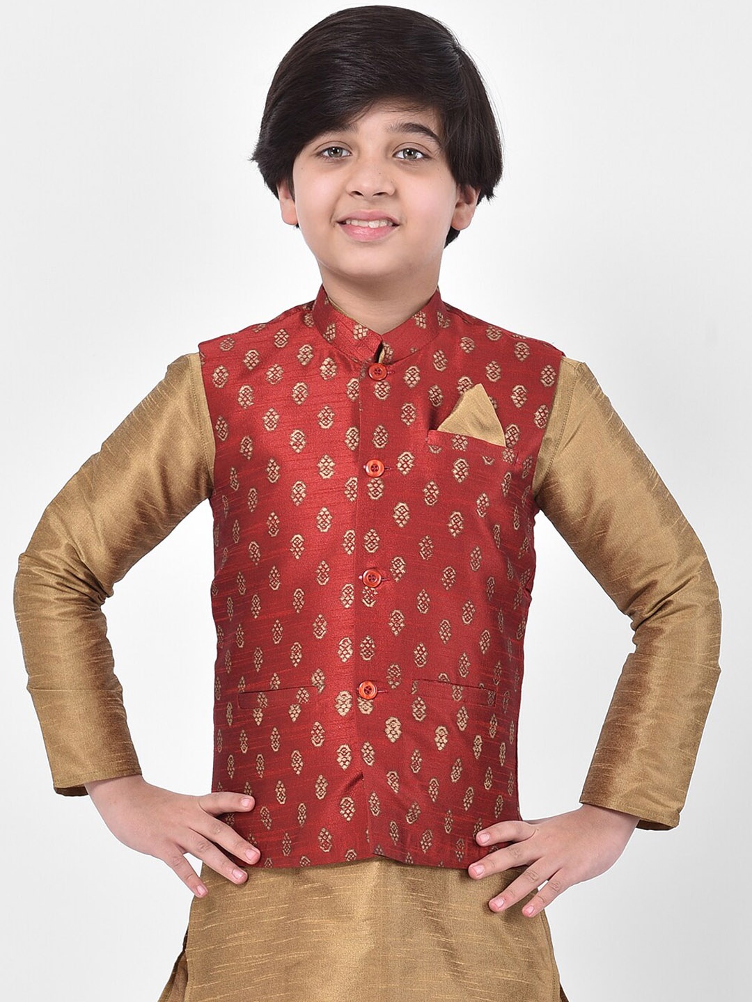 

DEYANN Boys Red & Gold-Coloured Printed Woven Nehru Jacket
