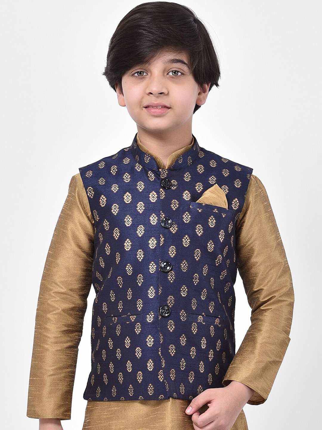 DEYANN Boys Navy Blue & Beige Printed Woven Nehru Jacket