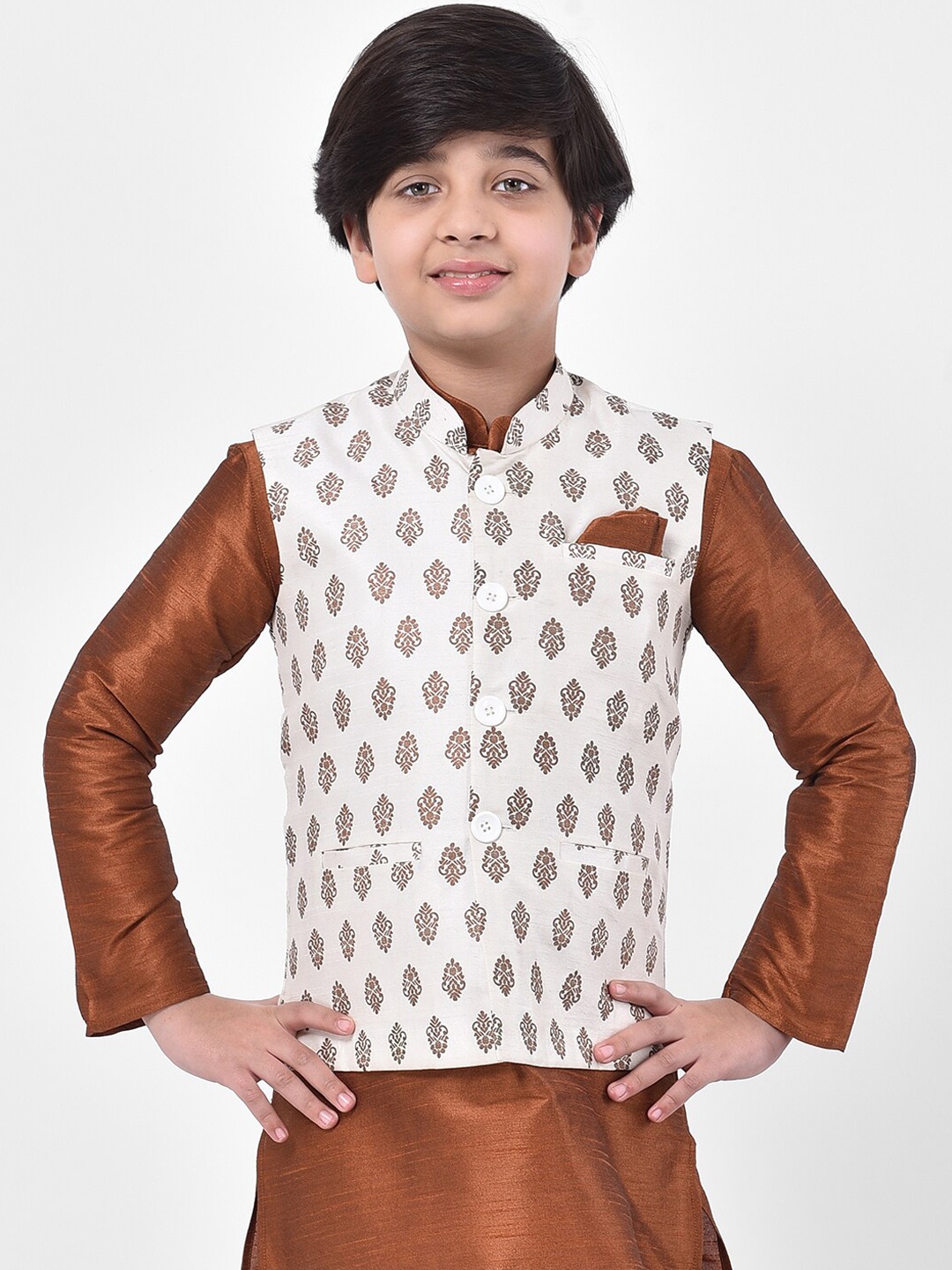 

DEYANN Boys Off White & Bronze-Toned Ethnic Motifs Printed Silk Blend Nehru Jacket