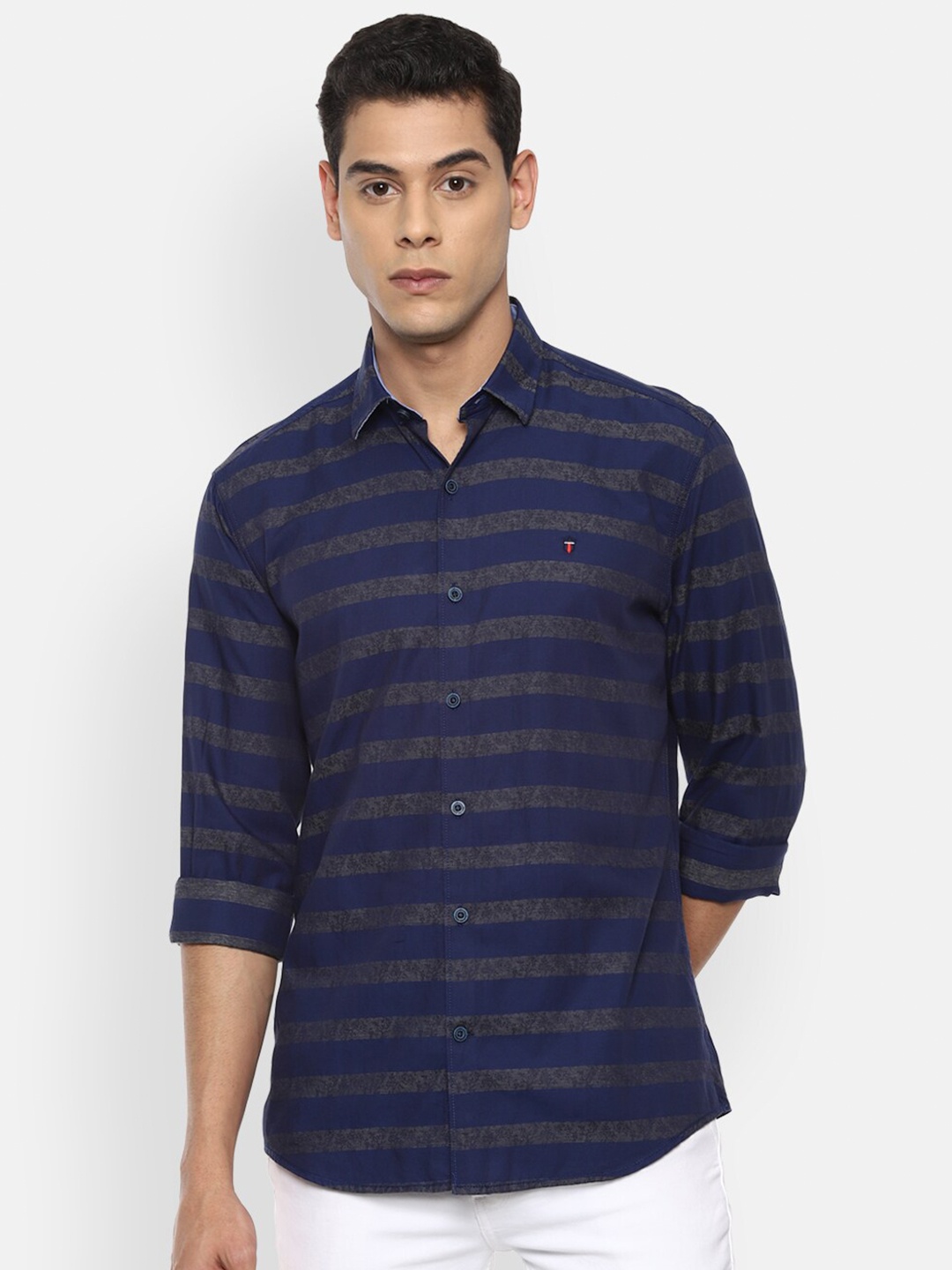 

Louis Philippe Sport Men Navy Blue Slim Fit Horizontal Stripes Striped Casual Shirt