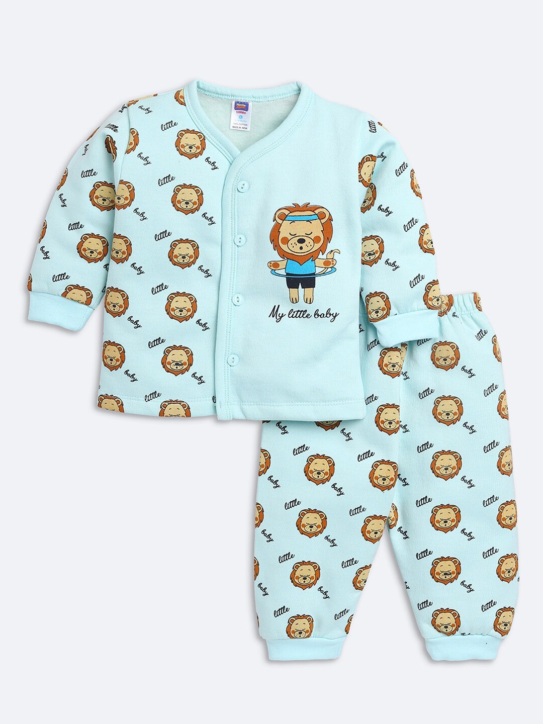 

Nottie Planet Unisex Kids Blue & Brown Printed Pure Cotton clothing set