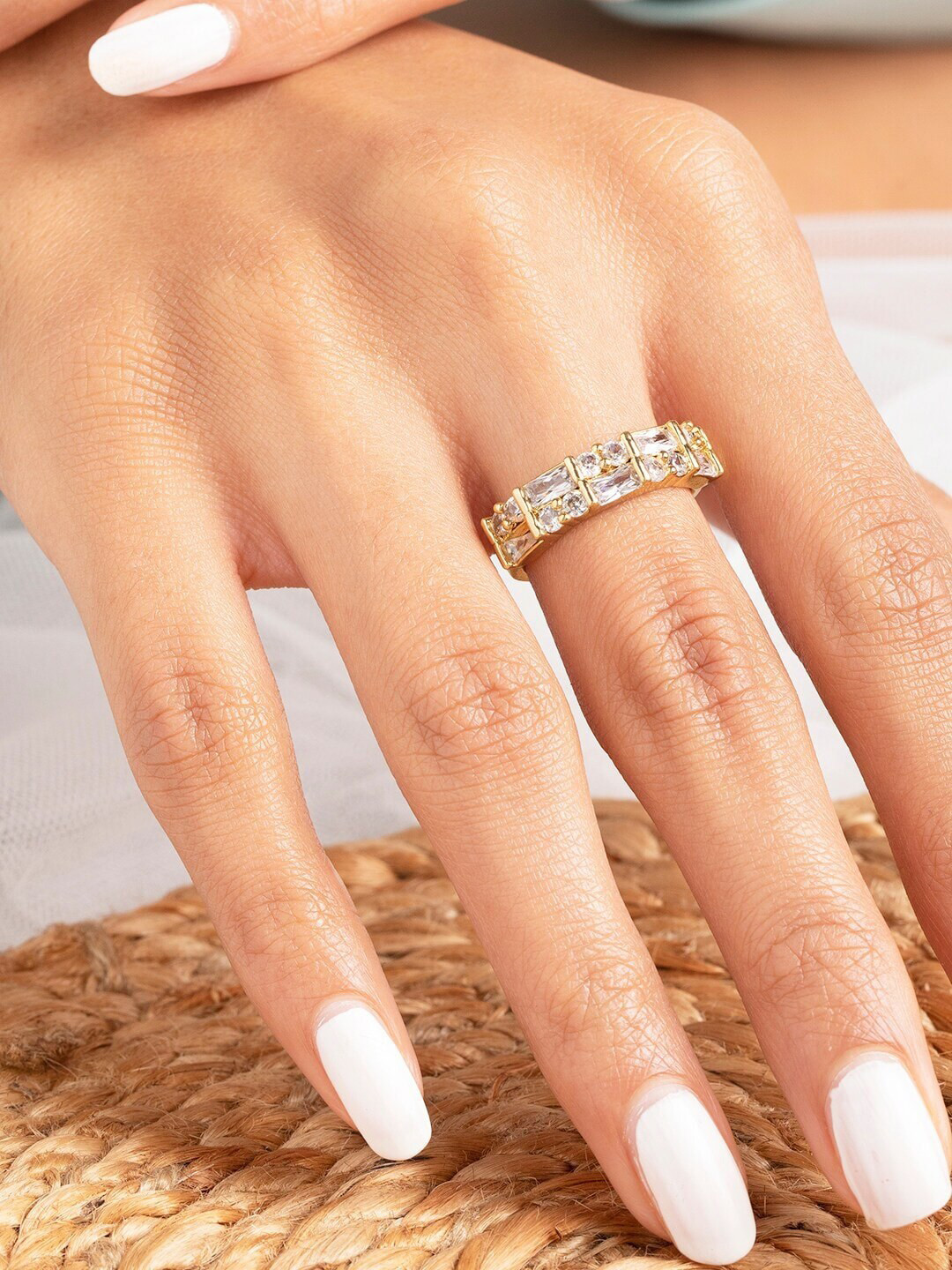 

Rubans Voguish 24-K Gold-Plated White Cubic Zirconia Stone Studded Finger Ring