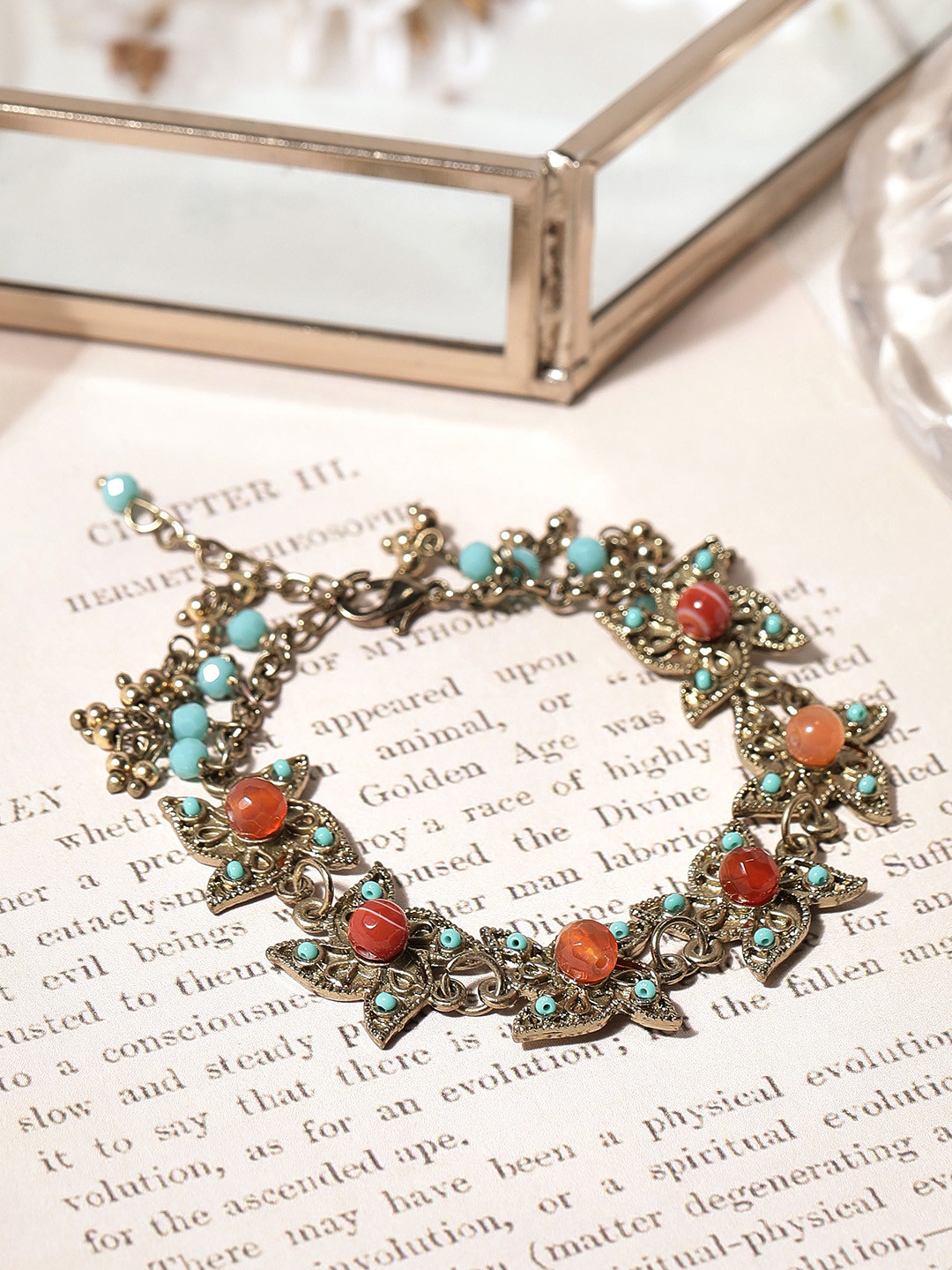 

Rubans Voguish Women Orange & Blue Brass Antique Polished Beaded Link Bracelet