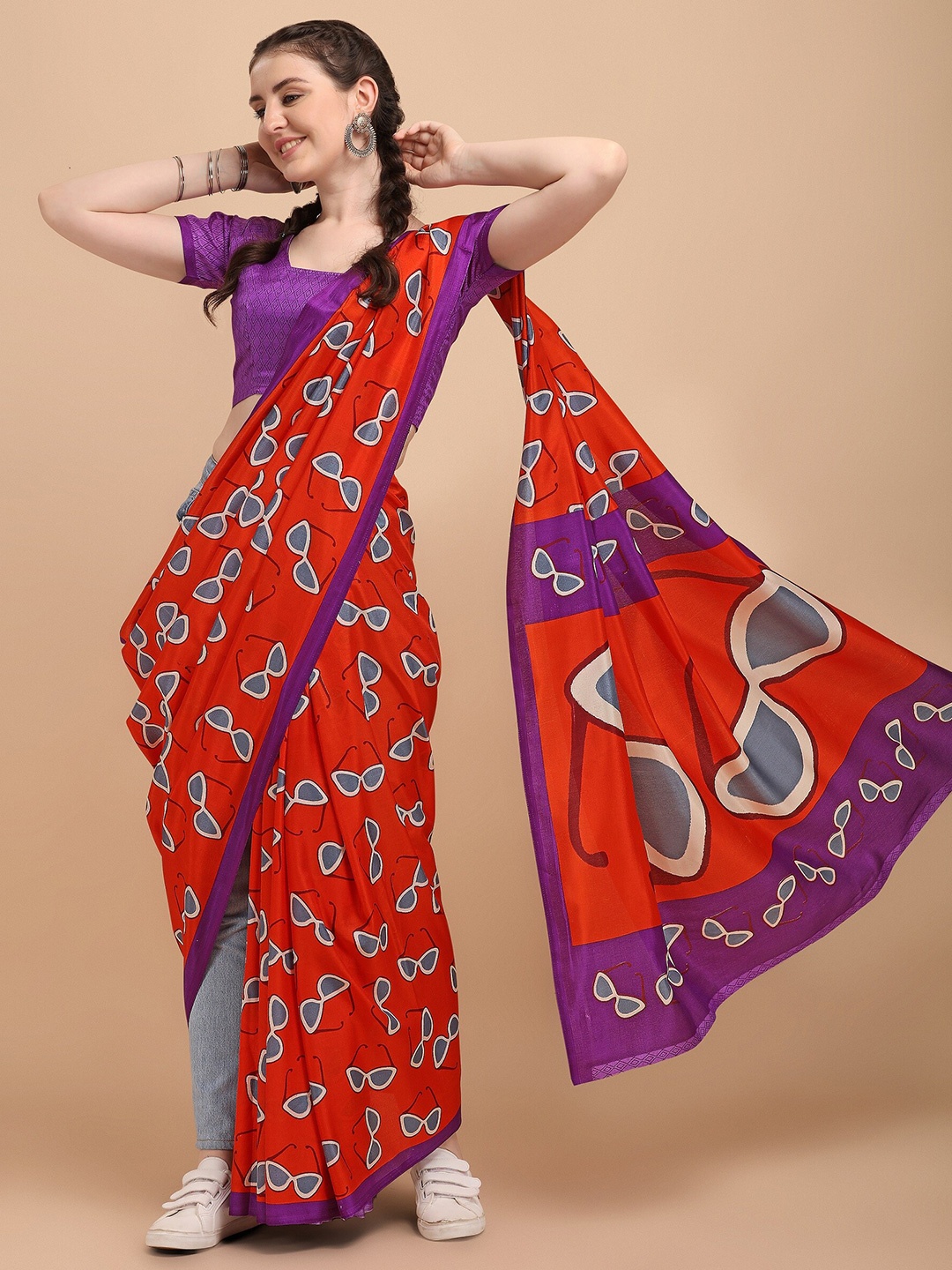 

KALINI Orange & Violet Silk Blend Block Print Saree