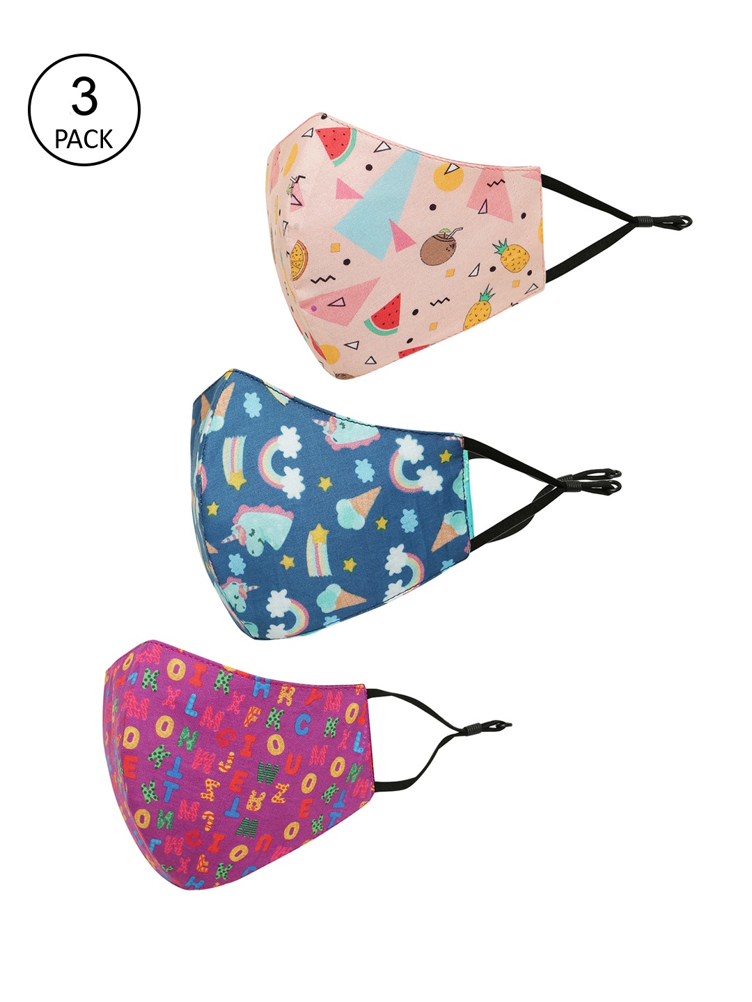 

Tossido Kids Pack Of 3 Printed 3-Ply 100% Cotton Cloth Masks, Pink
