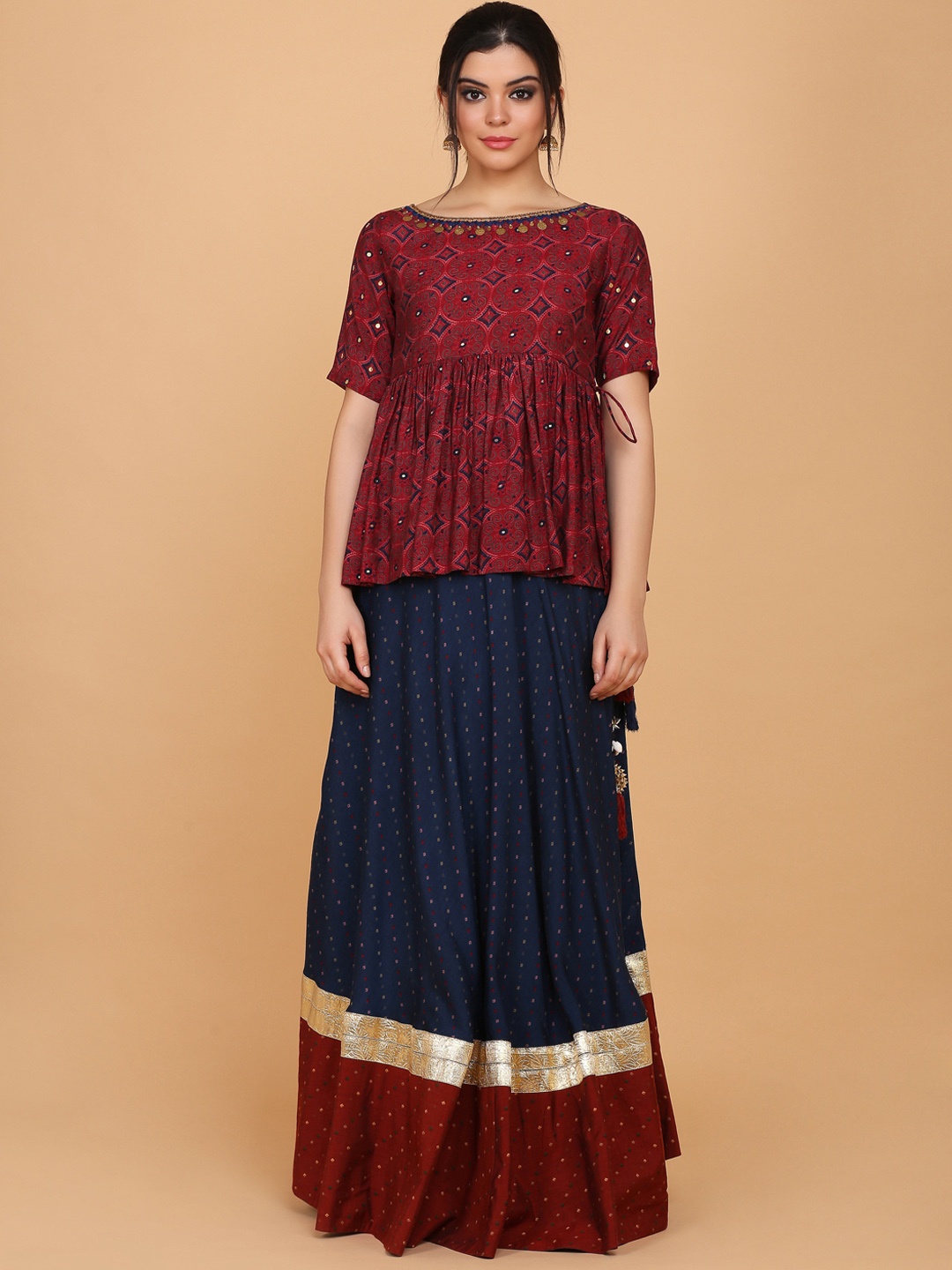 

Saanjh Women Maroon & Navy Blue Floral Printed Cotton Blend Pleated Top with Skirt