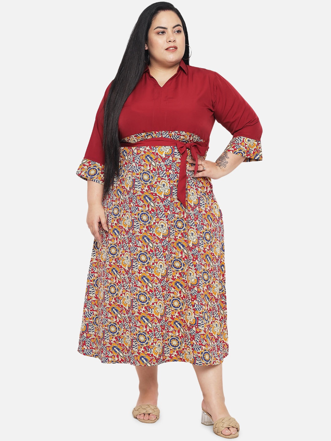 

Indietoga Maroon Floral Plus Size Crepe Maxi Dress