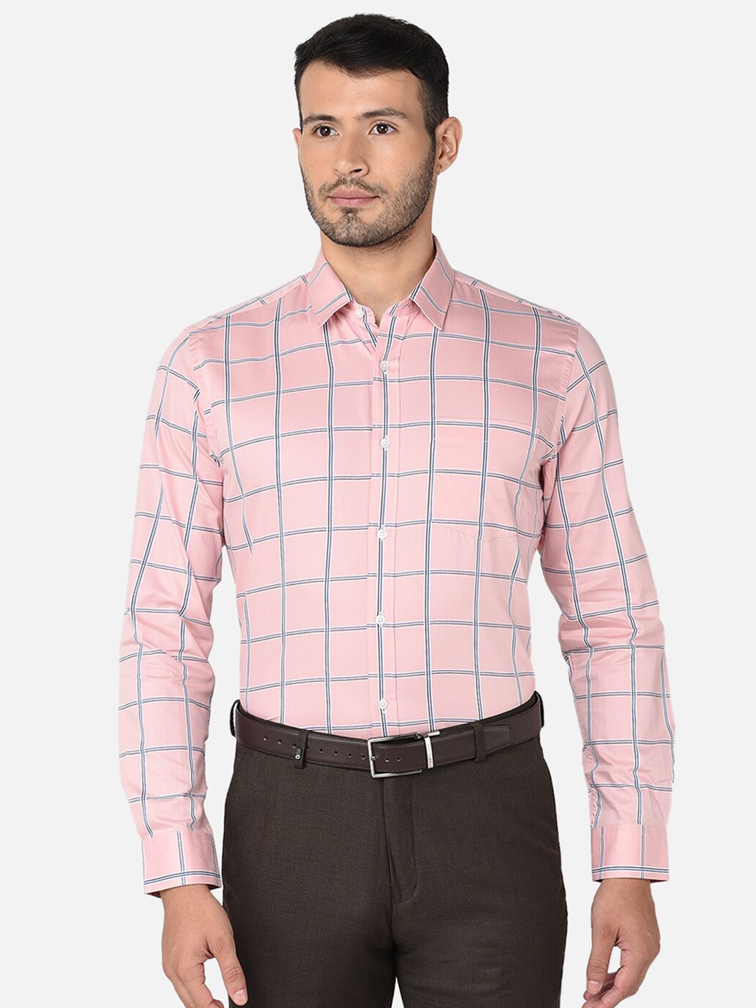 

Oxemberg Men Pink Classic Slim Fit Windowpane Checks Checked Formal Shirt