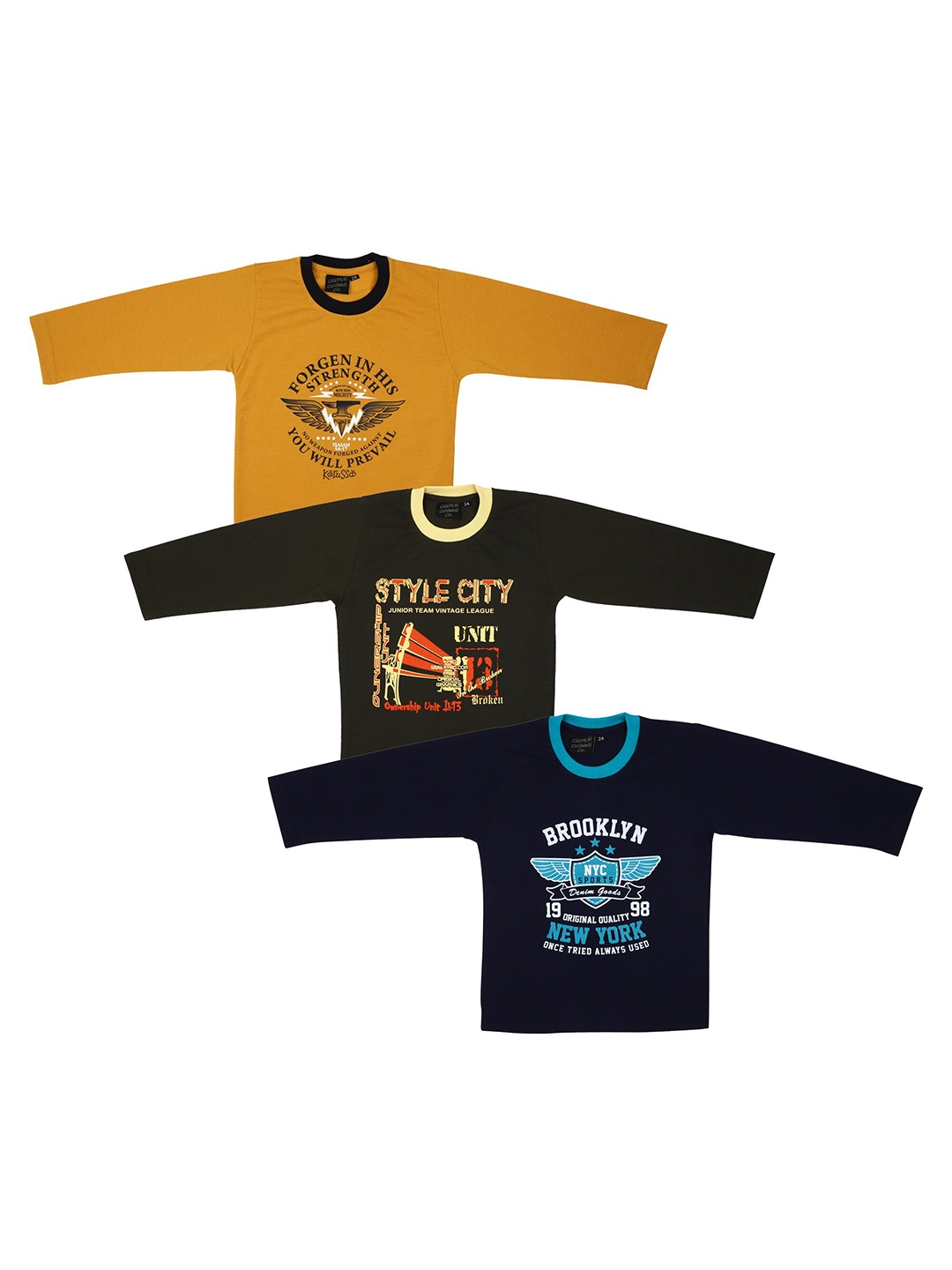 

CREMLIN CLOTHING Kids Blue & Olive Green Set Of 3 Printed T-shirts