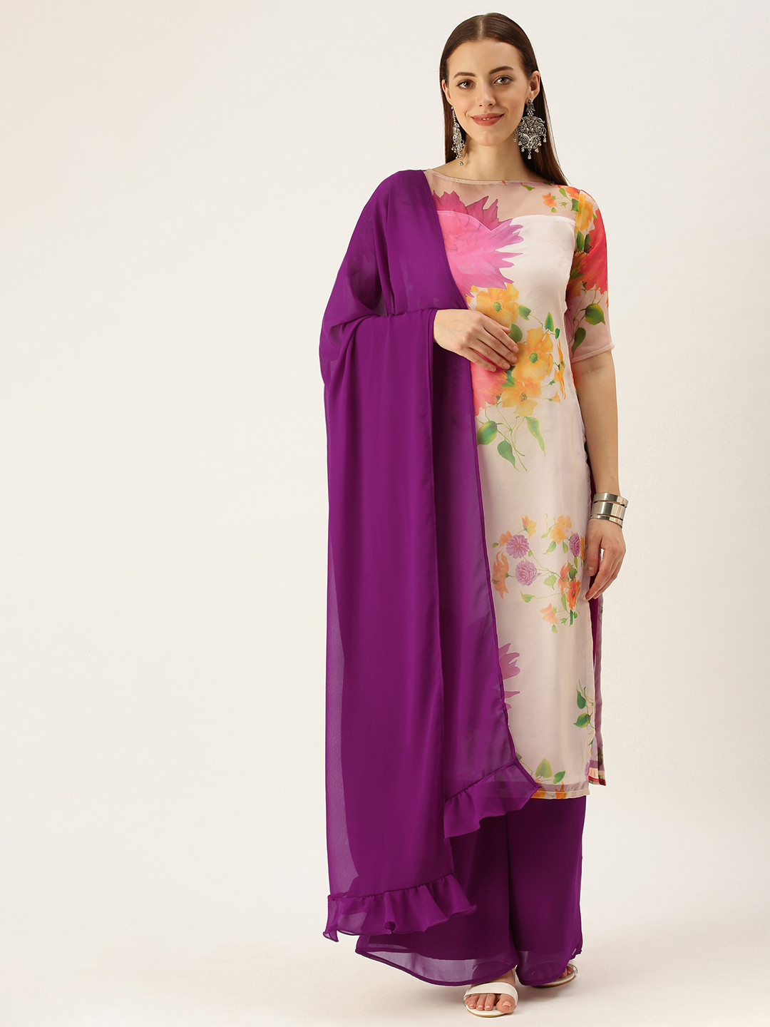 

Ethnovog Women Off White Purple Floral Printed Kurta with Palazzos Dupatta