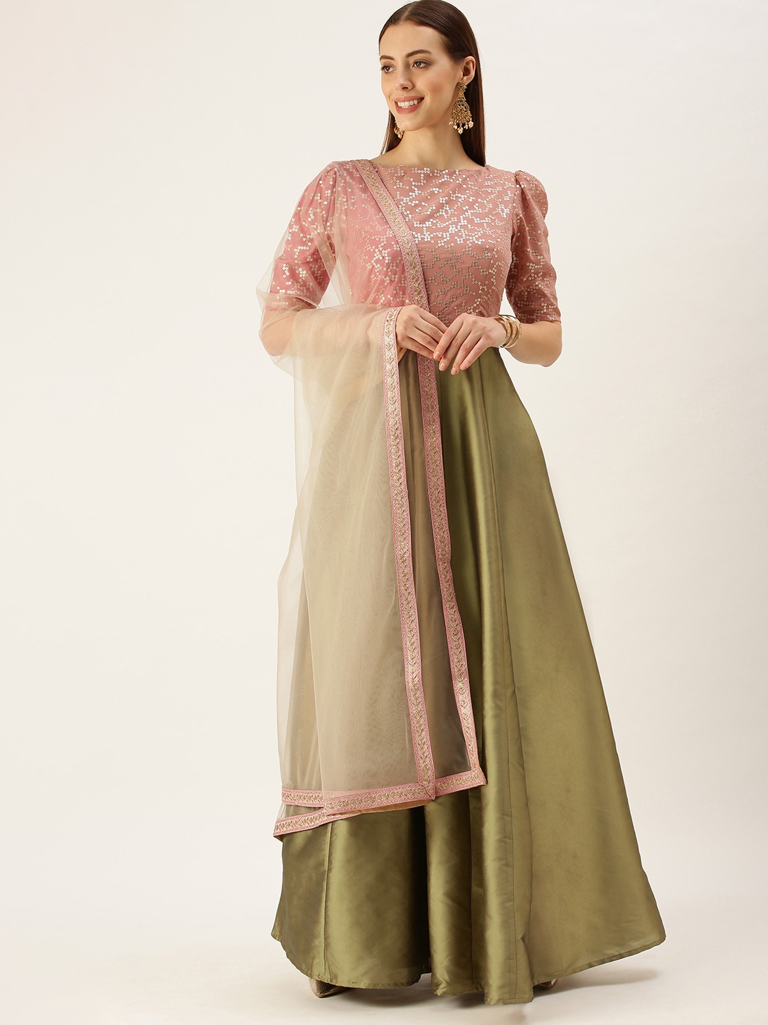 

Ethnovog Women Pink Sequin Embroidered Anarkali Kurta with Trousers Dupatta