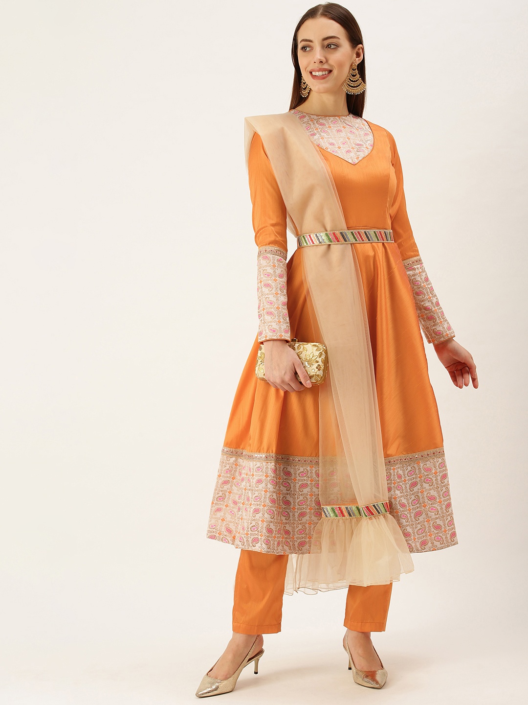 Ethnovog Women Orange Off-White Self Design Kurta with Trousers Dupatta