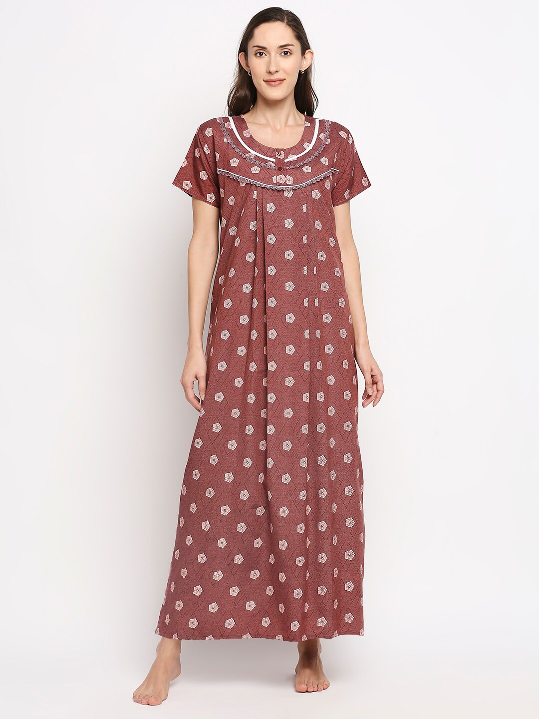 

Pretty Awesome Brown Printed Cotton Blend Maxi Nightdress