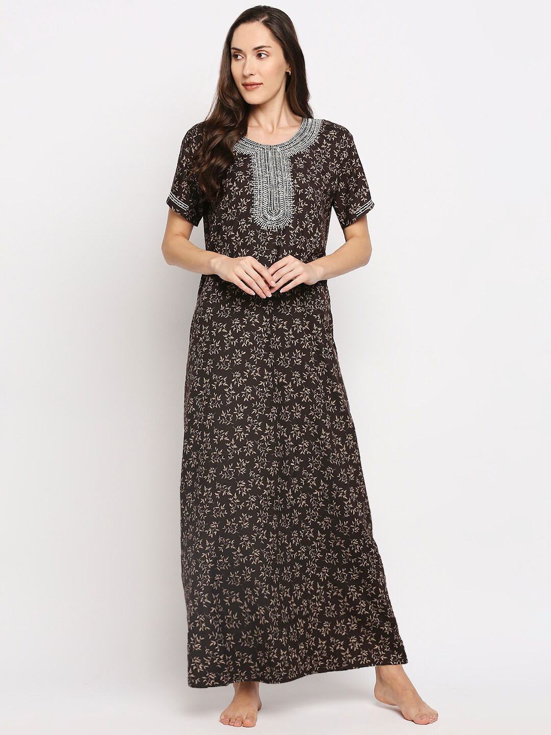

Pretty Awesome Maroon Embroidered Maxi Nightdress