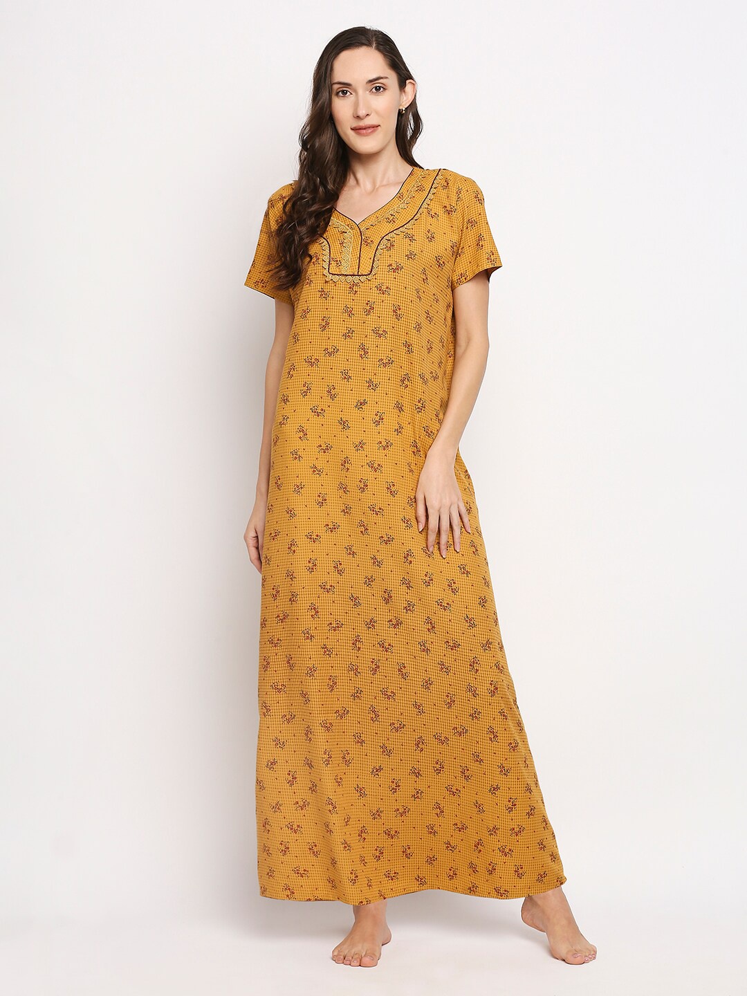 

Pretty Awesome Women Mustard Floral Printed Maxi Nightdress