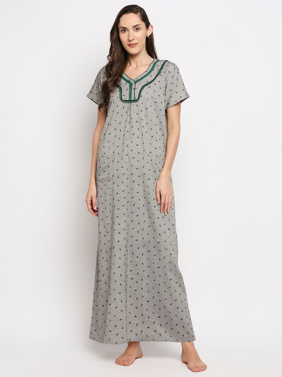 

Pretty Awesome Women Grey Printed Maxi Nightdress