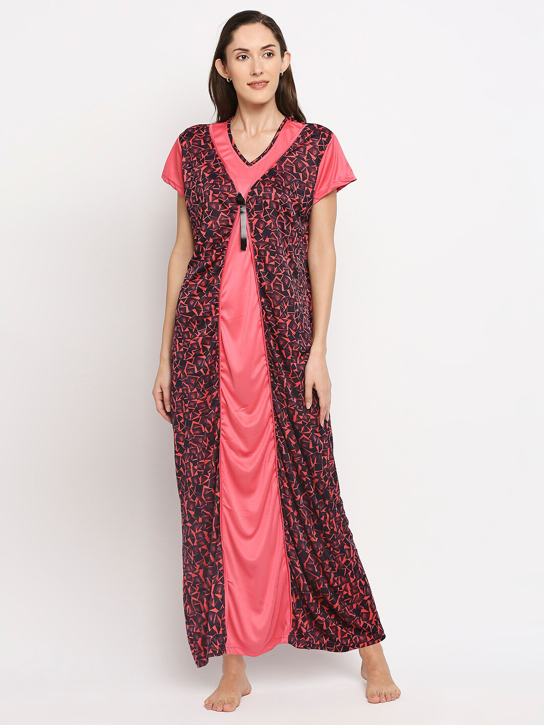 

Pretty Awesome Women Red Geometric Printed Maxi Nightdress