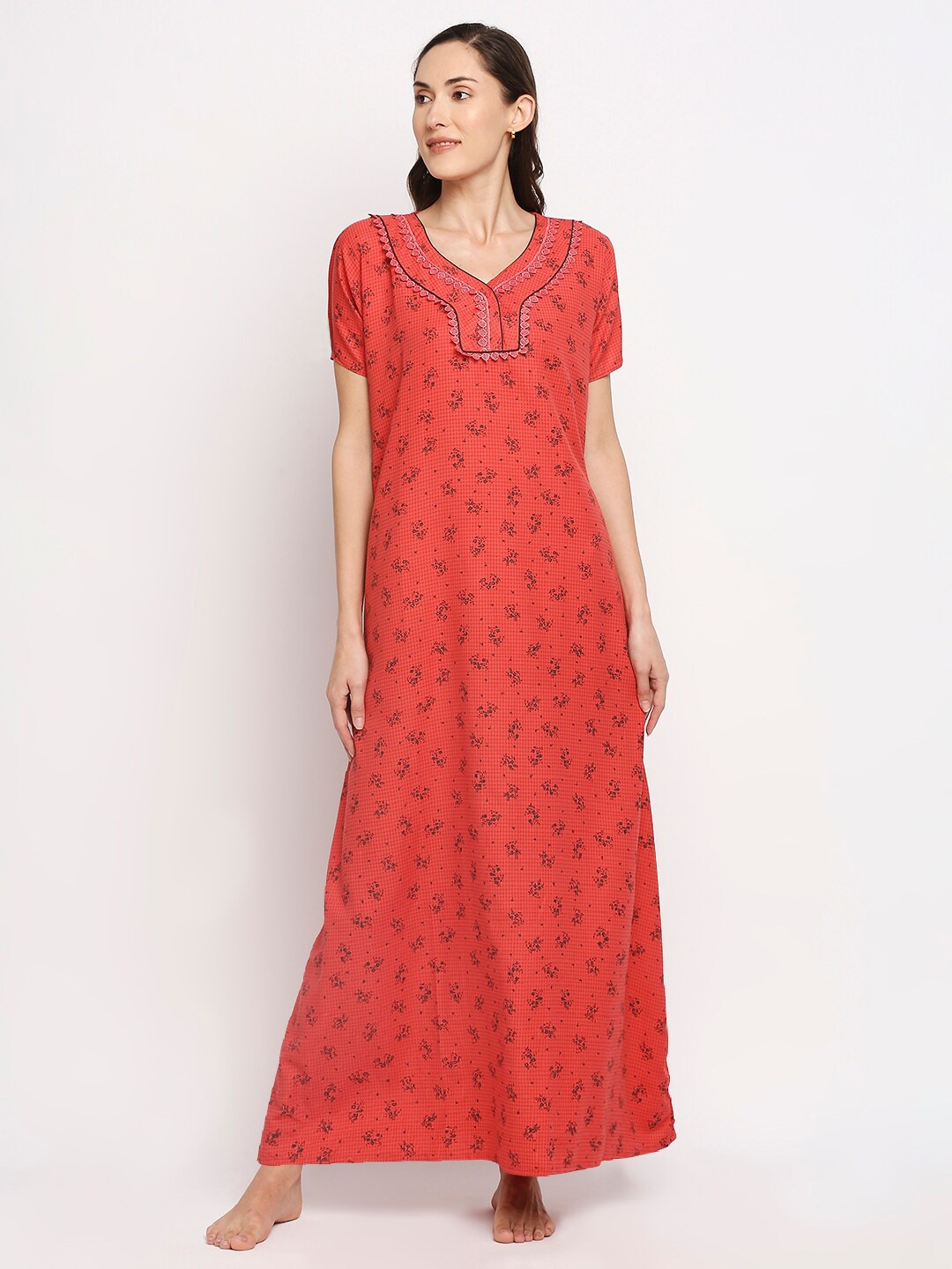 

Pretty Awesome Coral Printed Lace Maxi Nightdress