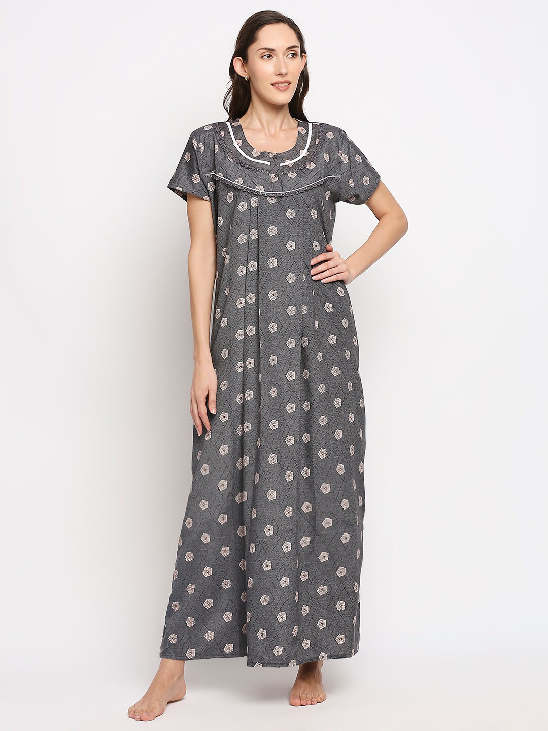 

Pretty Awesome Grey Printed Cotton Blend Maxi Nightdress