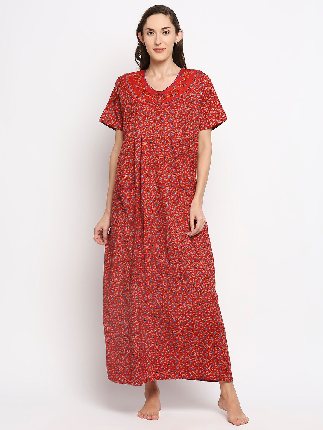 

Pretty Awesome Maroon & Blue Floral Printed Maxi Nightdress